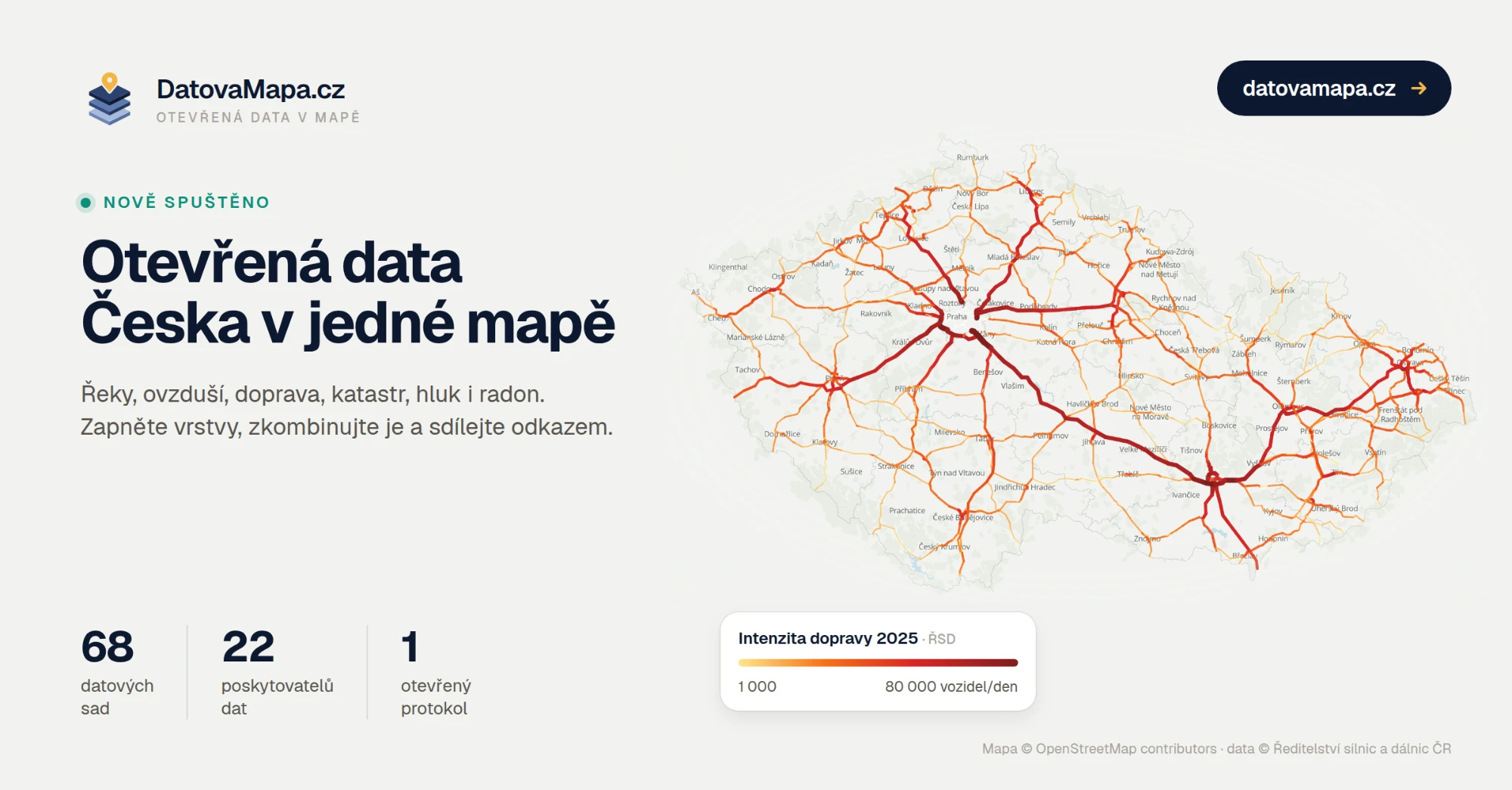Mapa intenzity dopravy 2025 na webu DatovaMapa.cz