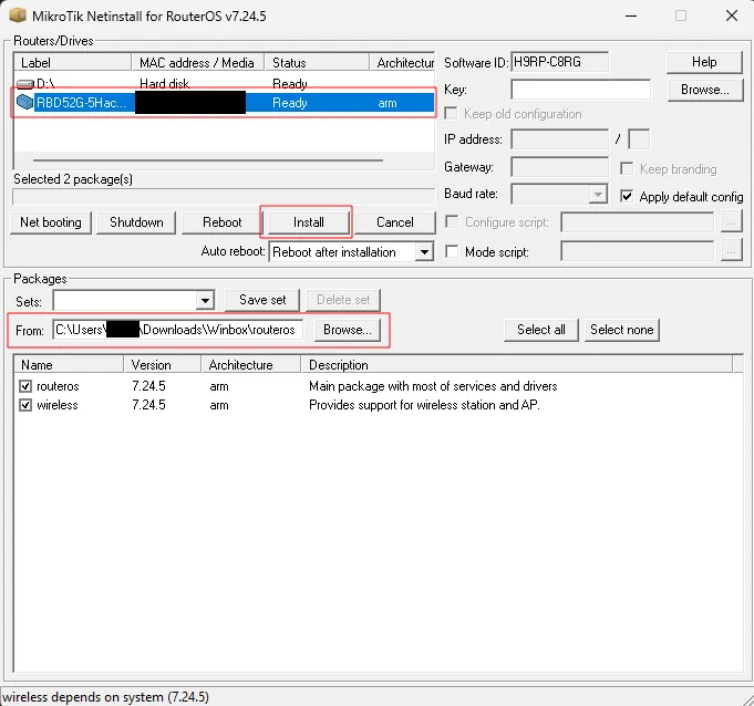 Netinstall: nalezený hAP ac² ve stavu Ready, vybrané balíčky routeros a wireless, zaškrtnuté Apply default config