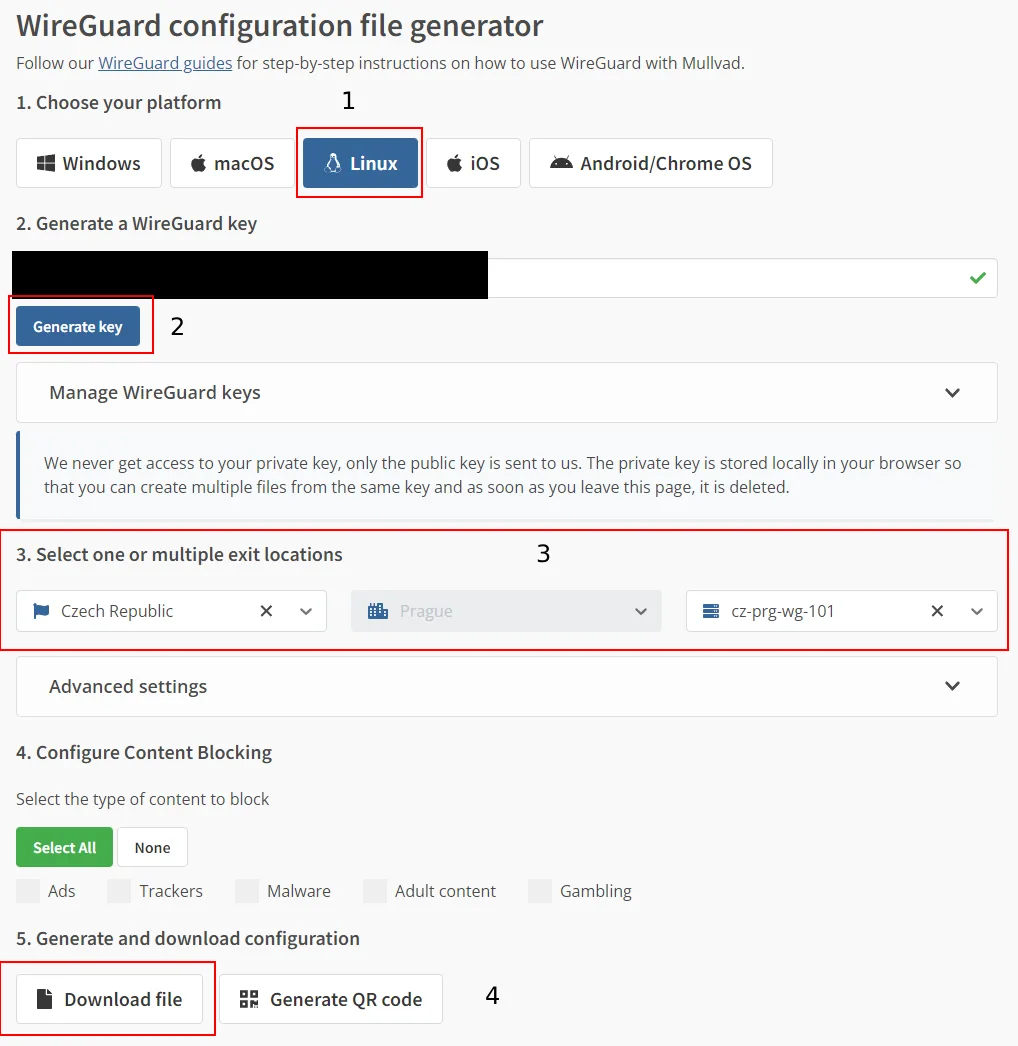 WireGuard configuration on Mullvad VPN service