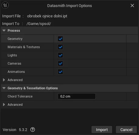 Možnosti Datasmith importu